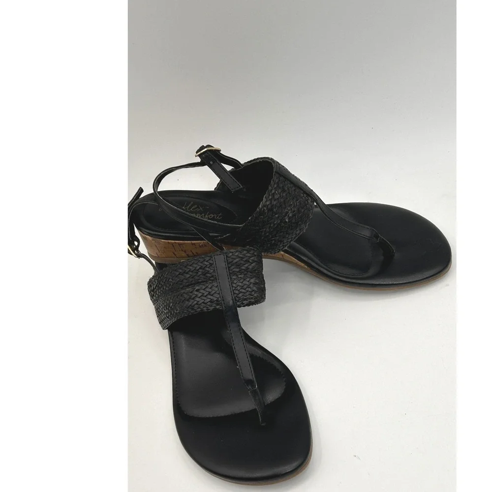 Dexflex Comfort Black Woven Cork Wedge Thong Sandals Women's Size 8 Coastal